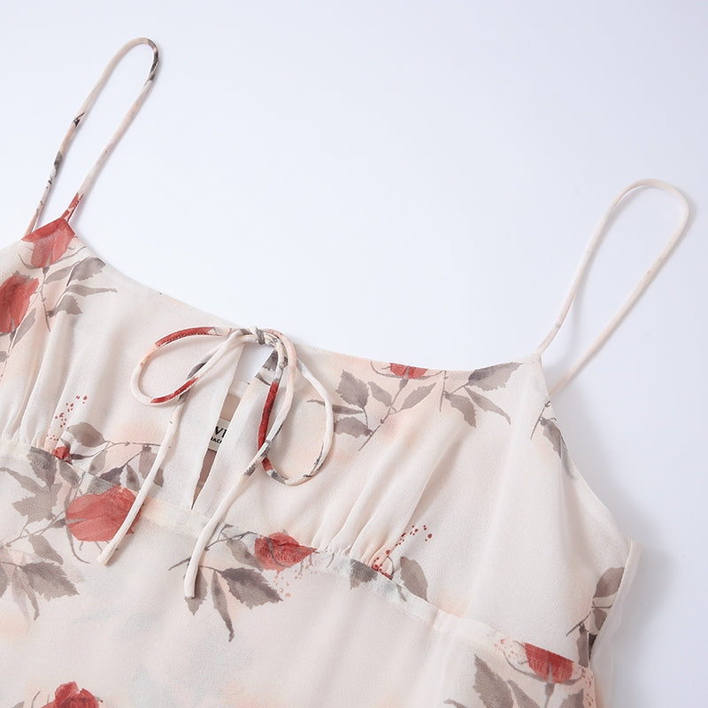 ROSE PRINT CHIFFON STRAPPY DRESS