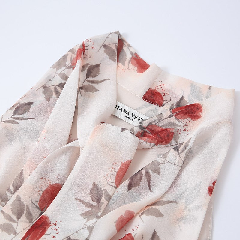 ROSE PRINT CHIFFON TIE BLOUSE