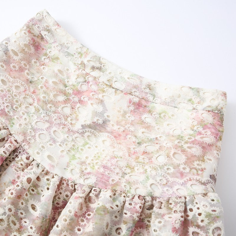 DOUBLE LAYER EMBROIDERED PRINT PUFF SKIRT