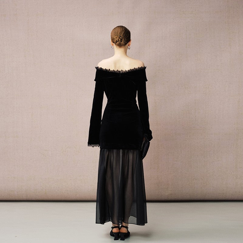 VELVET CHIFFON OFF-SHOULDER DRESS