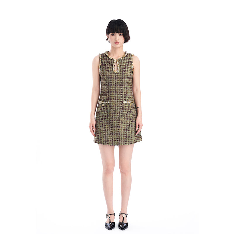 GOLDEN BEADED FLORAL TWEED SLEEVELESS DRESS