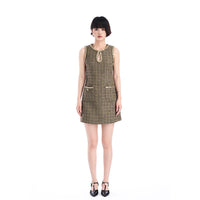 GOLDEN BEADED FLORAL TWEED SLEEVELESS DRESS