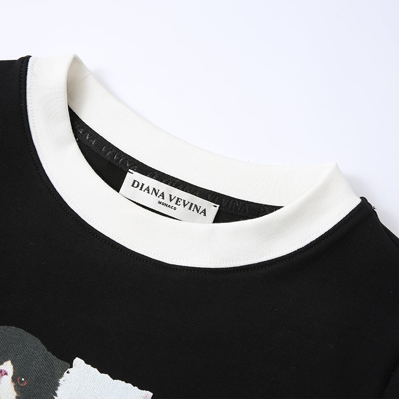CAT PRINT COLORBLOCK SHORT SLEEVE