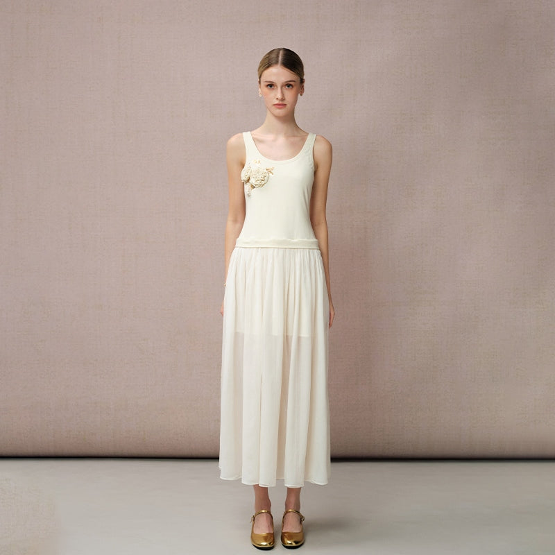 YELLOW BUTTERFLY EMBROIDERY PATCHWORK SLEEVELESS DRESS
