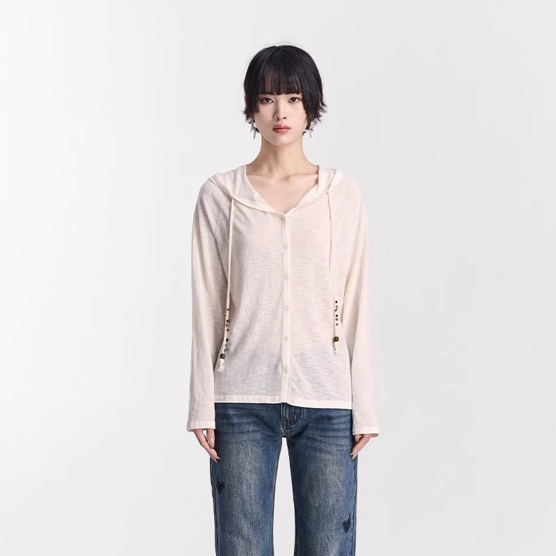 WHITE LIGHTWEIGHT SHEER KNIT HOODIE