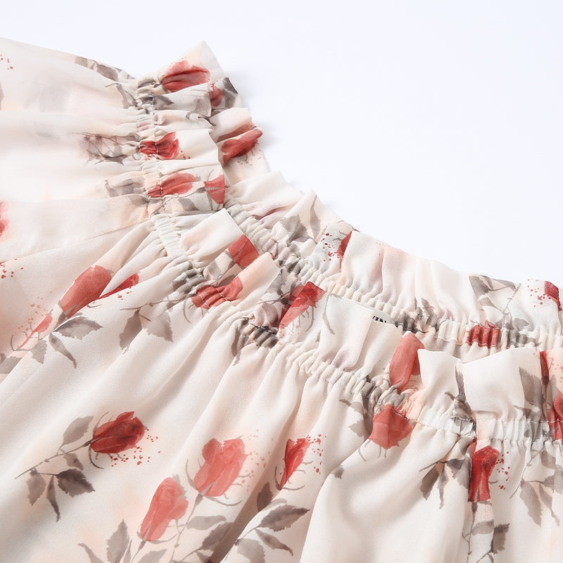 ROSE PRINT CHIFFON OFF-SHOULDER TOP