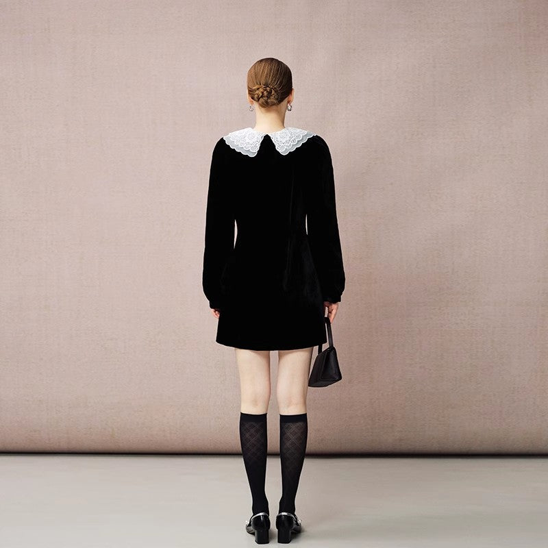 LACE DOLL COLLAR VELVET DRESS