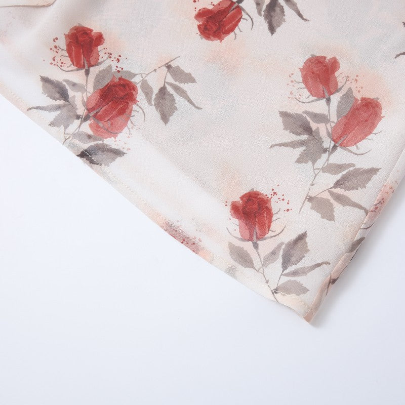 ROSE PRINT CHIFFON TIE BLOUSE