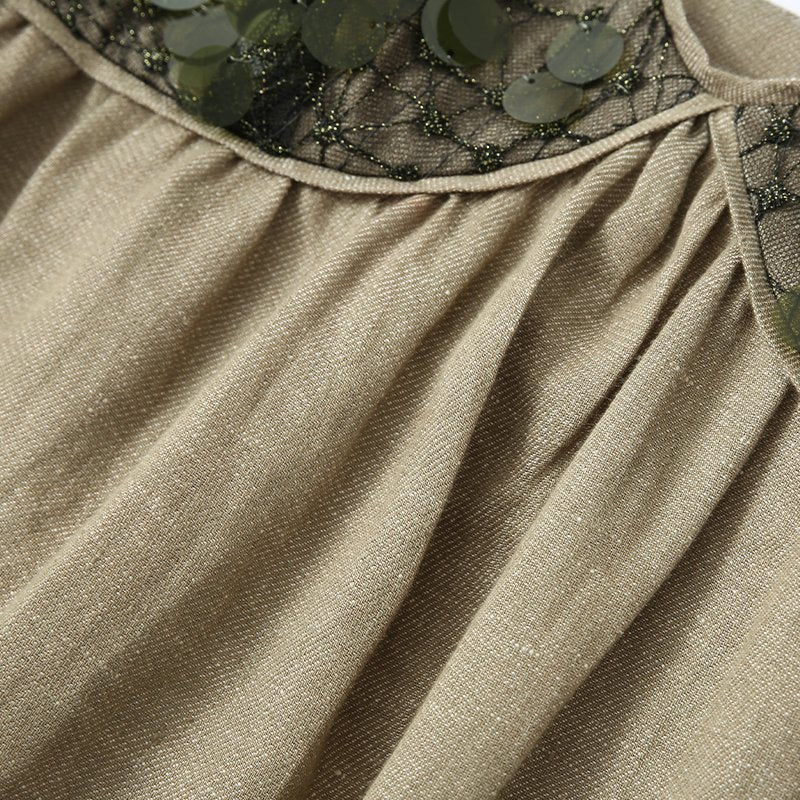 GREEN LINEN SEQUIN PANEL DRESS