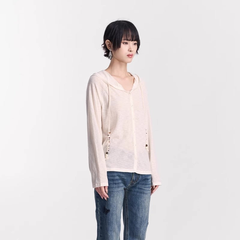 WHITE LIGHTWEIGHT SHEER KNIT HOODIE