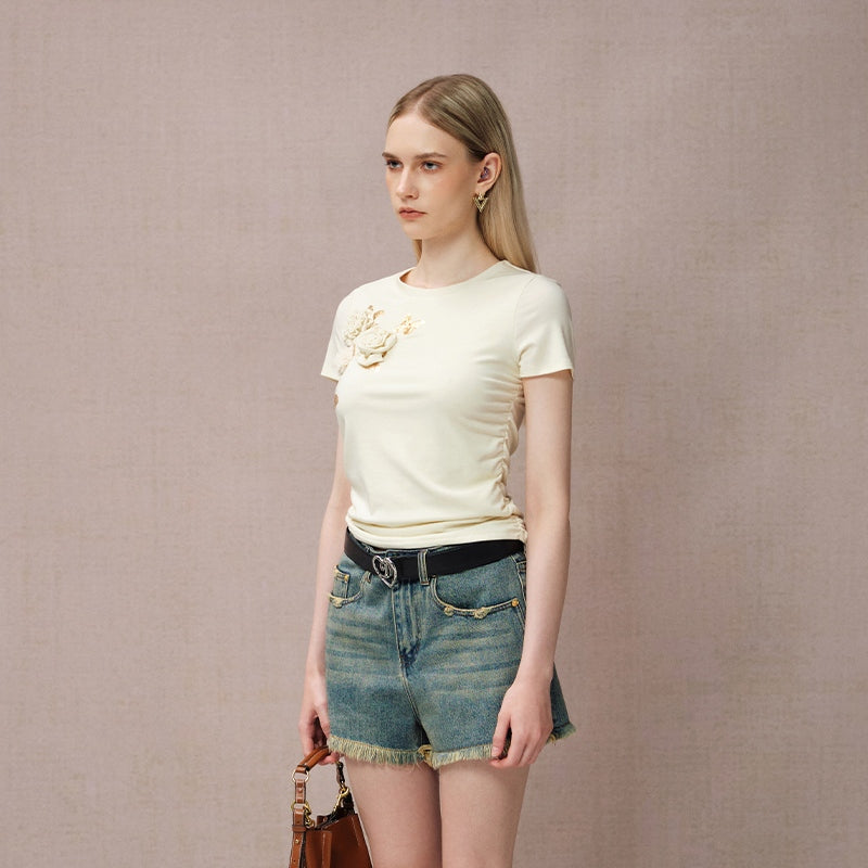 YELLOW BUTTERFLY BEADED FLORAL T-SHIRT