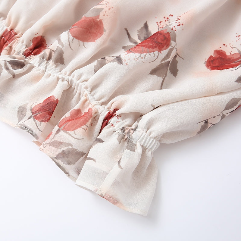 ROSE PRINT CHIFFON OFF-SHOULDER TOP