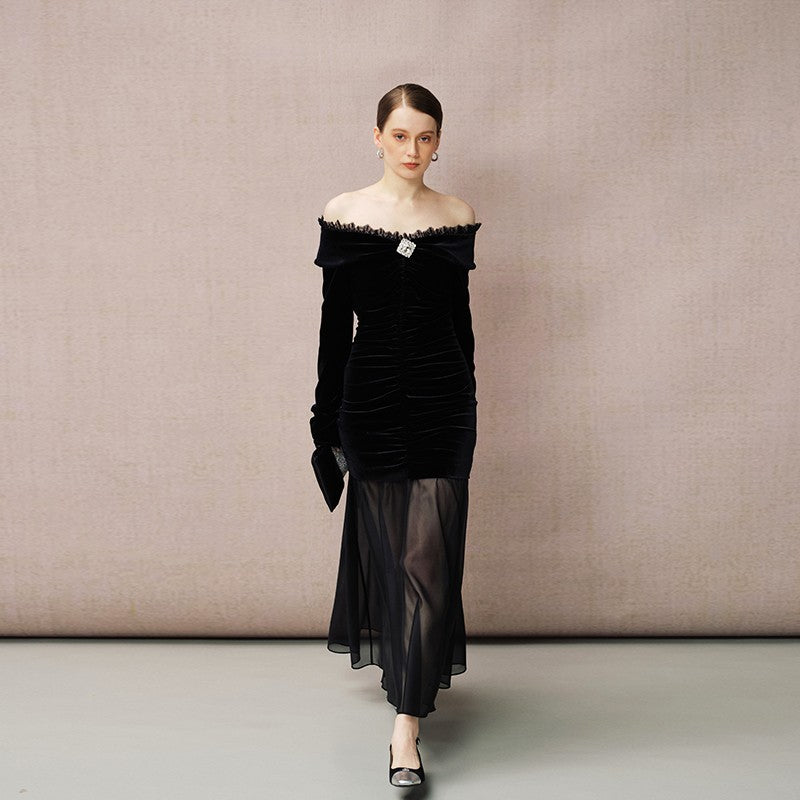 VELVET CHIFFON OFF-SHOULDER DRESS