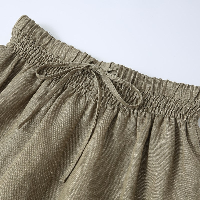 GREEN LINEN DRAWSTRING SHORTS