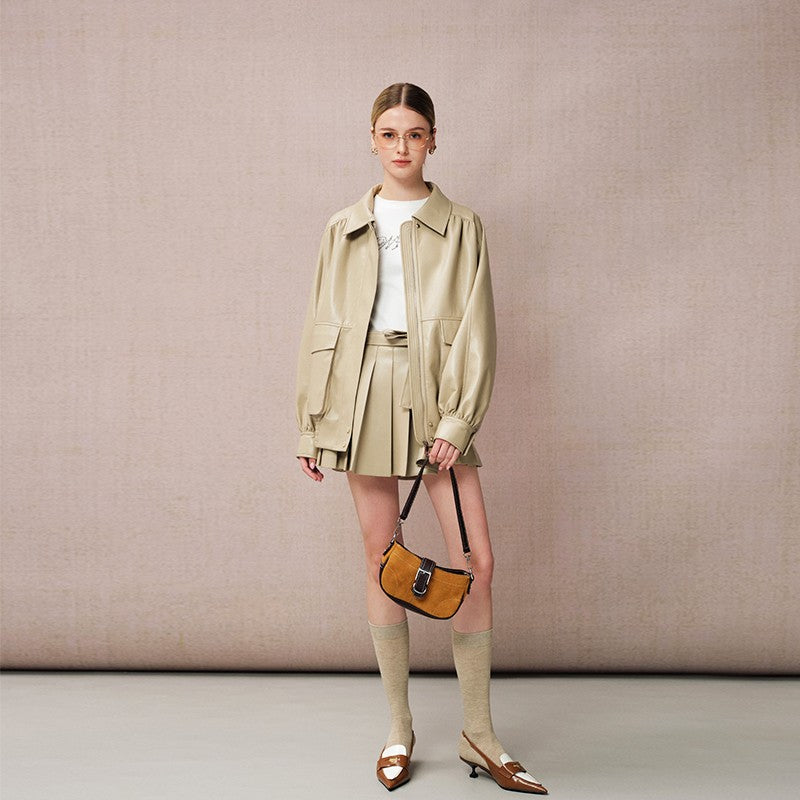 KHAKI PLEATED LEATHER SKIRT