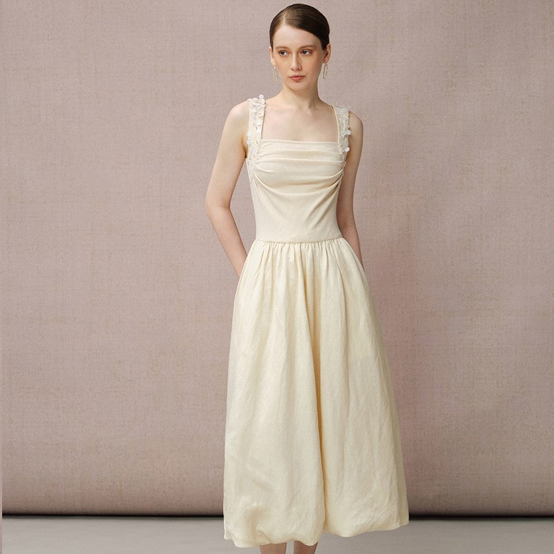 BEIGE KNIT PANEL BUBBLE HEM MAXI DRESS