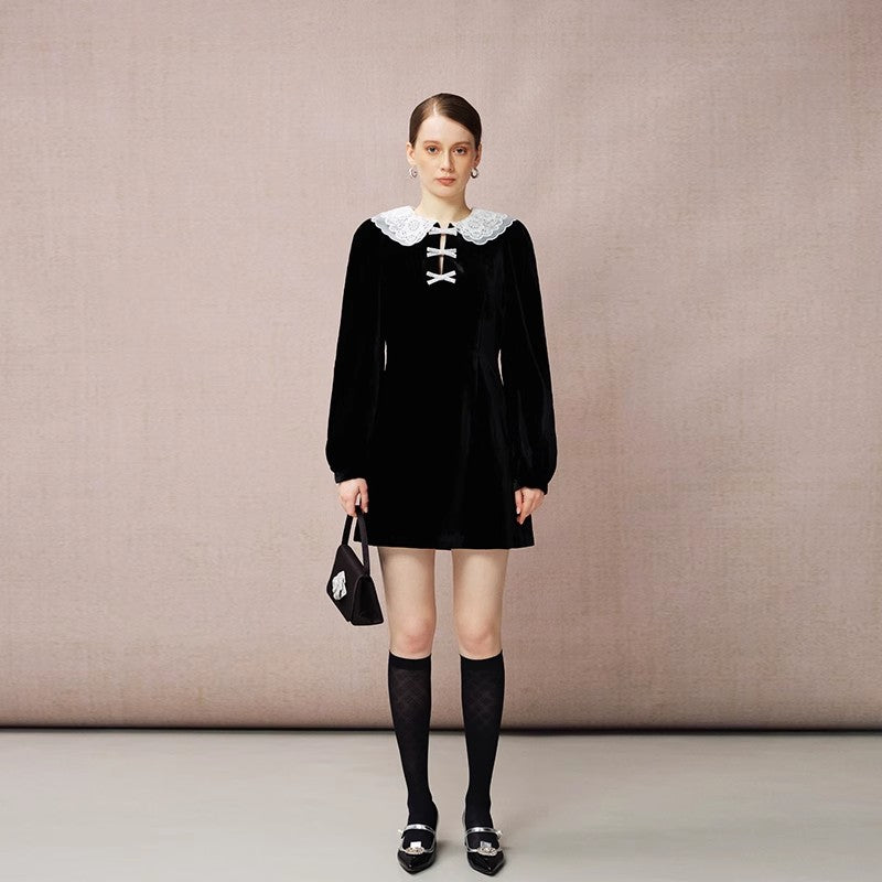 LACE DOLL COLLAR VELVET DRESS