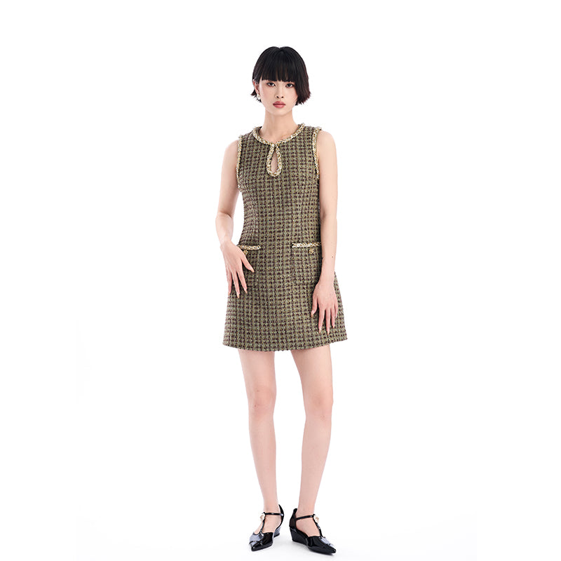 GOLDEN BEADED FLORAL TWEED SLEEVELESS DRESS