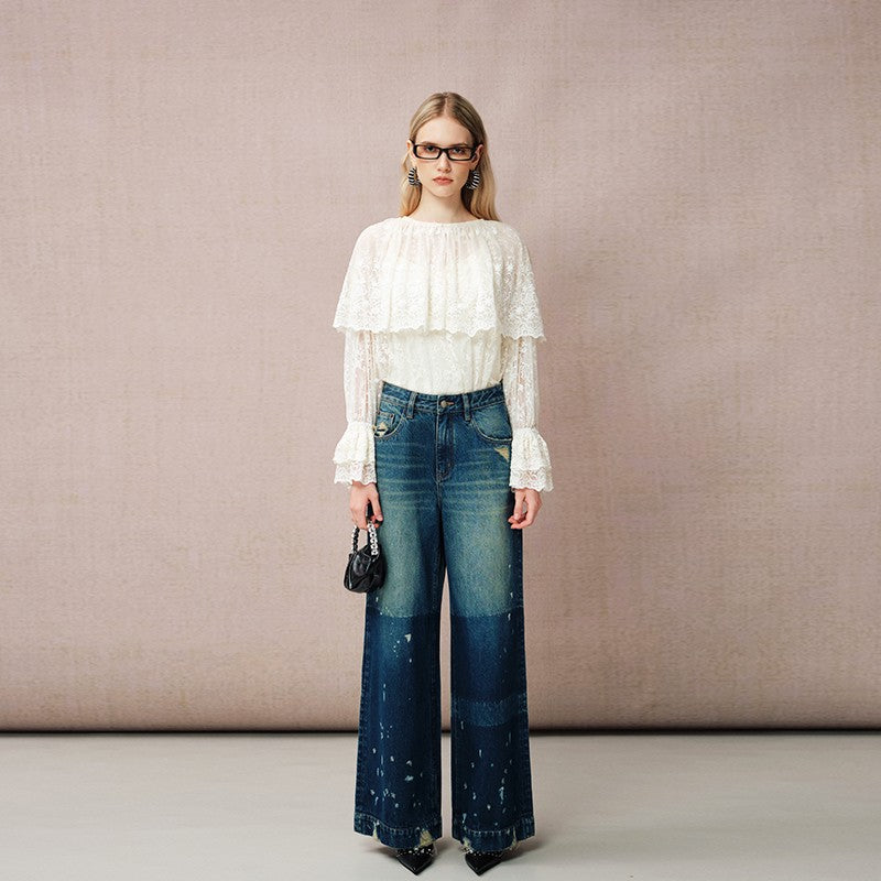 COLOR-BLOCK WASHED WIDE-LEG DENIM PANTS