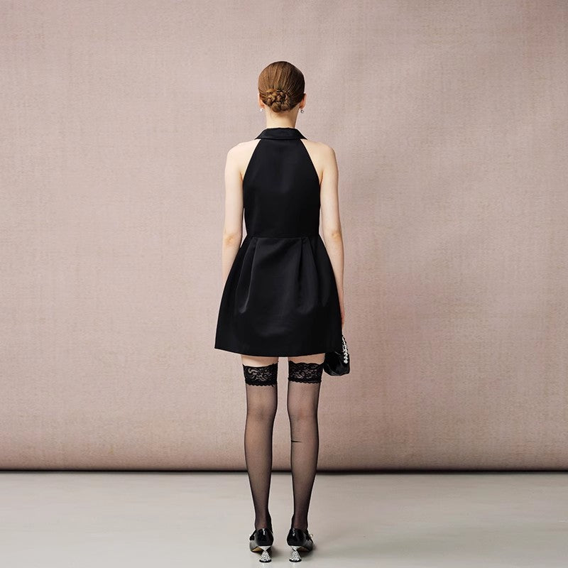 SATIN V-NECK SLEEVELESS PUFF DRESS