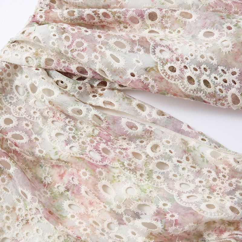 ONE-SHOULDER PINK EYELET EMBROIDERED DRESS