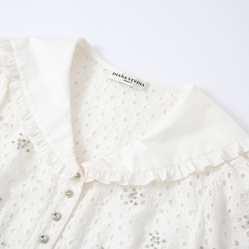 EMBROIDERED PEARL-EMBELLISHED NAVY COLLAR SHIRT
