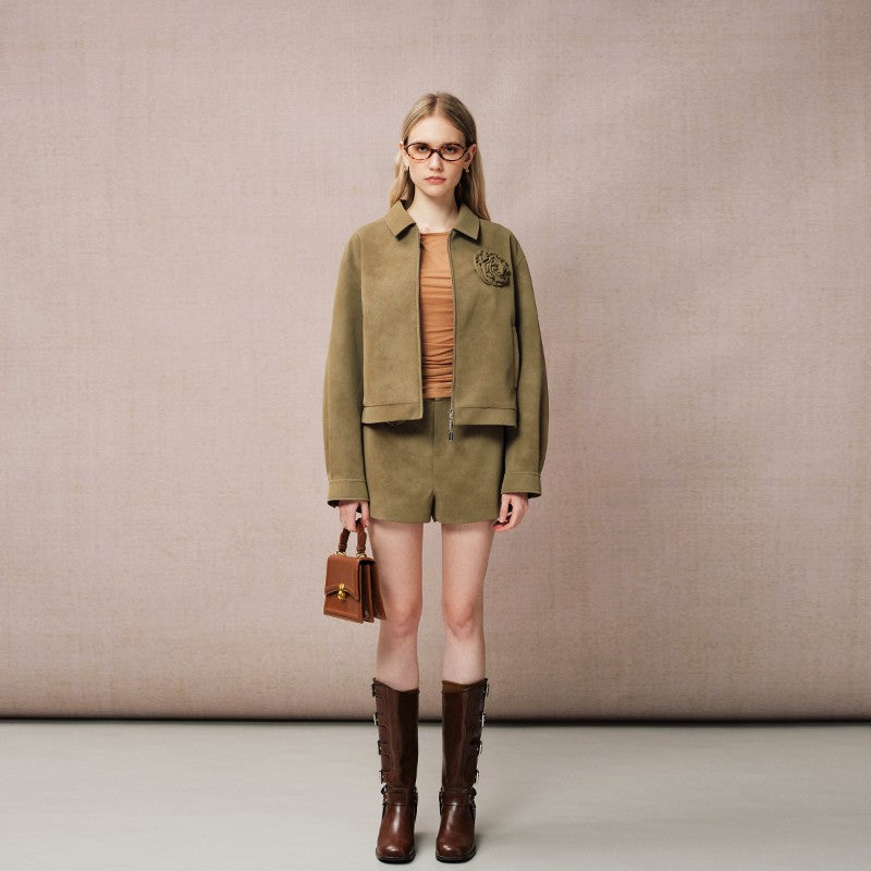COFFEE BROWN FLOWER LEATHER SHORTS
