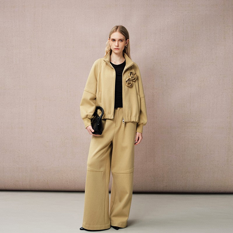 KHAKI ZIP-UP COLLARED SWEATSHIRT JACKET