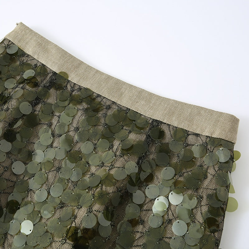 GREEN SEQUIN PANEL LINEN SKIRT