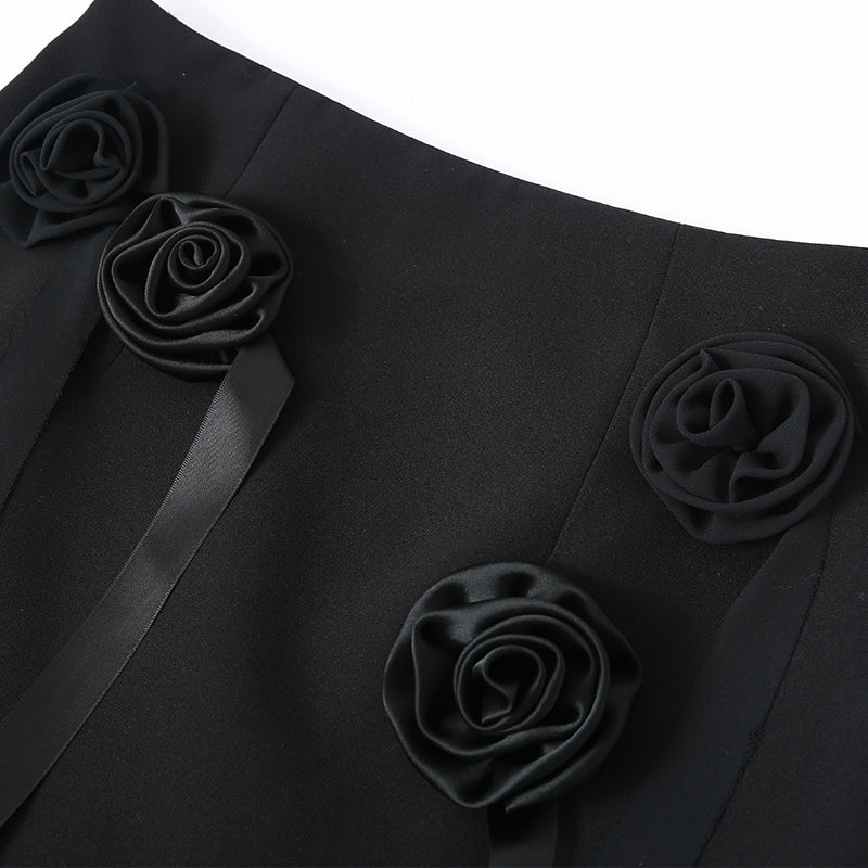BLACK 3D FLORAL PLEATED MAXI SKIRT