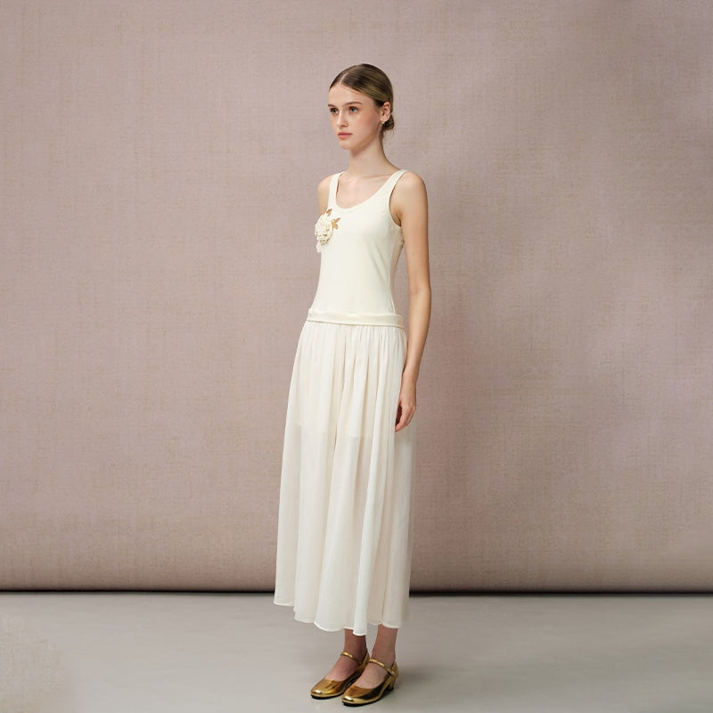 YELLOW BUTTERFLY EMBROIDERY PATCHWORK SLEEVELESS DRESS