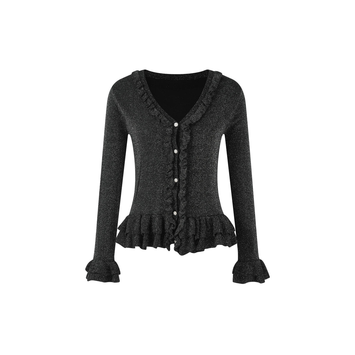 Black Ruffle Trim Jacquard Knit Cardigan