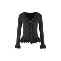 Black Ruffle Trim Jacquard Knit Cardigan