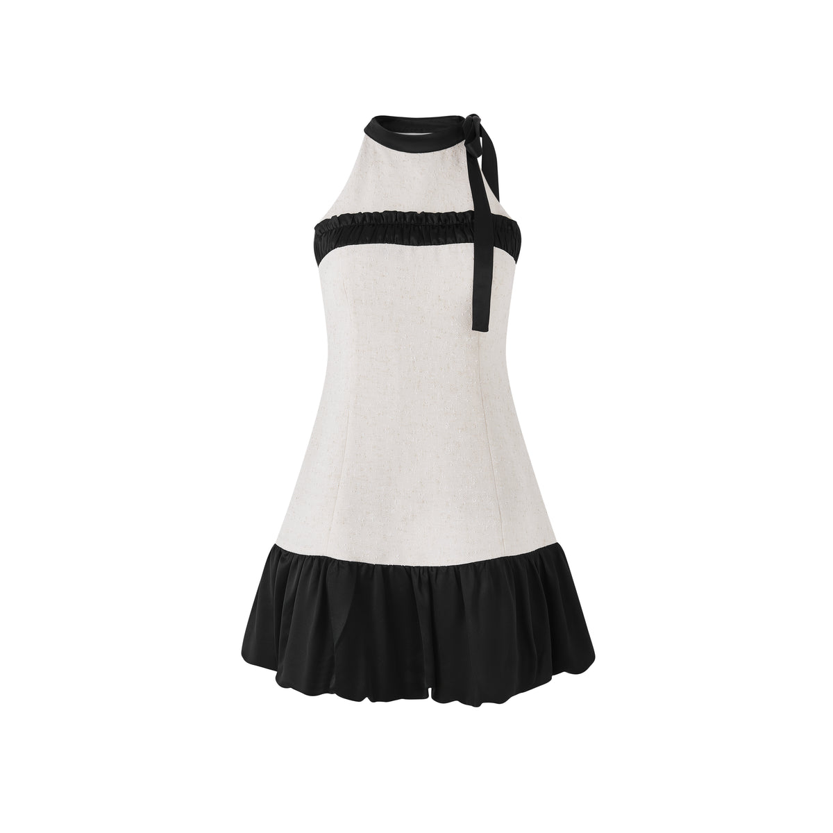 A sleeveless halter-neck dress with a textured off-white body, black ruffled trim across the bust, and a black ruffled hem, shown against a plain white background.