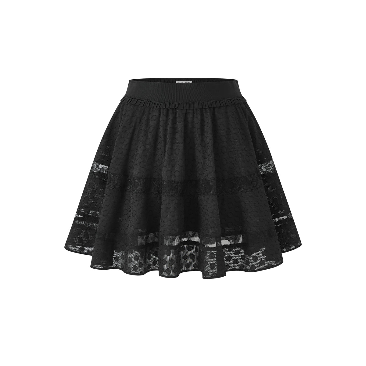 A black flared skirt with a textured pattern and sheer lace panels near the hem, shown against a plain white background.