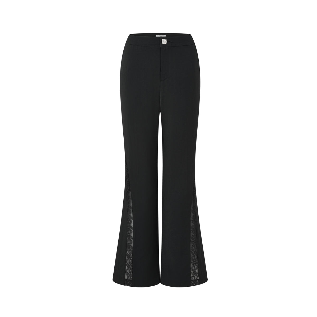 Black wide-leg cropped pants with sheer lace side panels near the hem, shown on a plain white background.