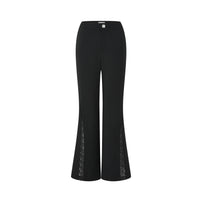 Black wide-leg cropped pants with sheer lace side panels near the hem, shown on a plain white background.