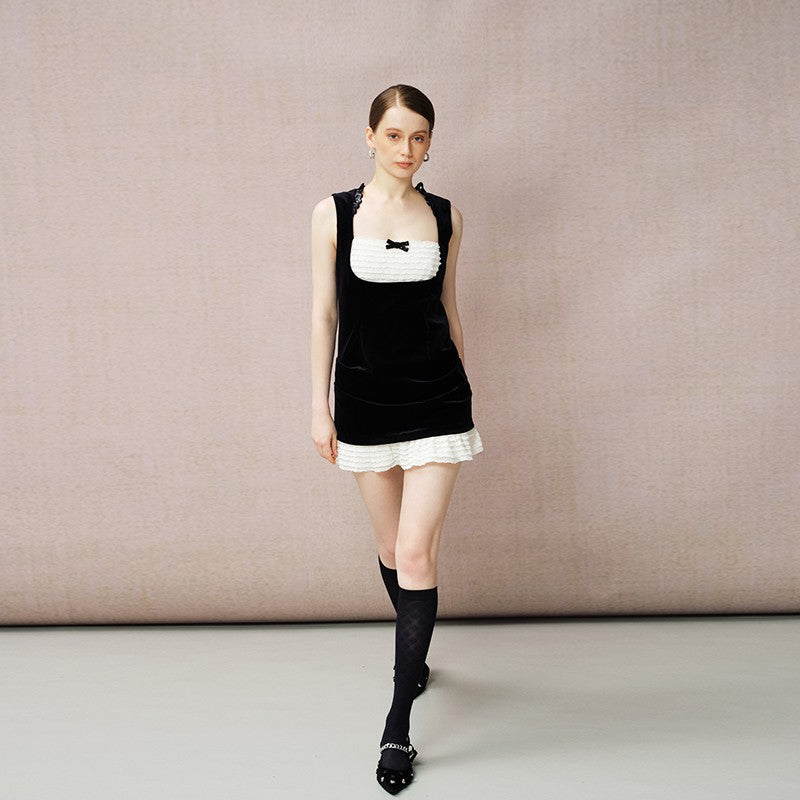 VELVET SEQUIN RHINESTONE BOW DRESS