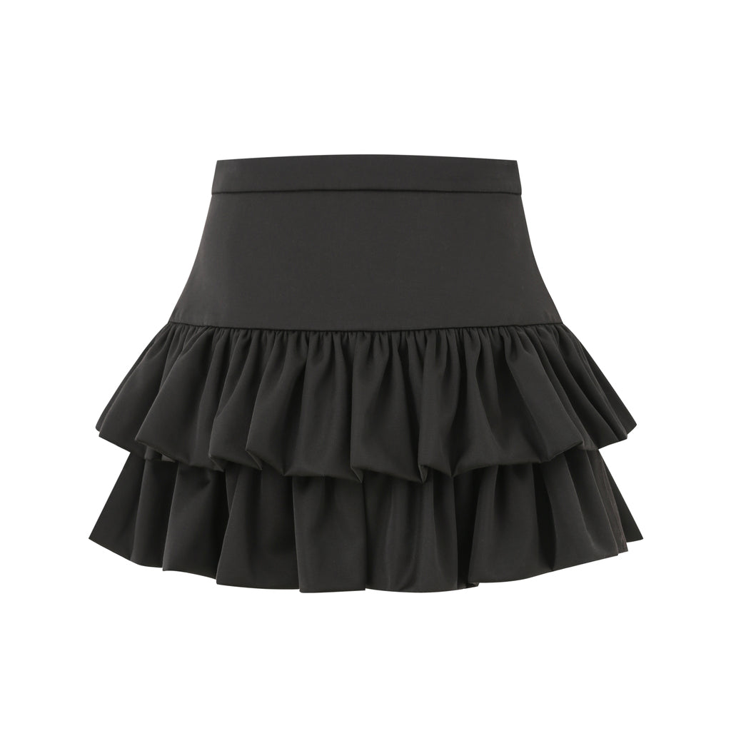 Black tiered ruffle midi skirt for women with layered design