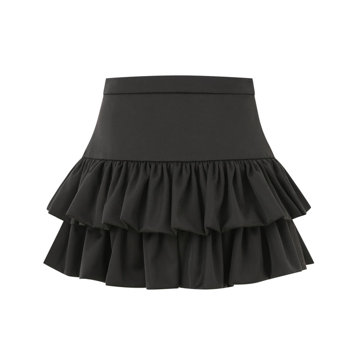 Black tiered ruffle midi skirt for women with layered design