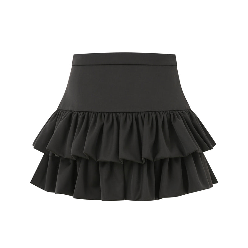 Black tiered ruffle midi skirt for women with layered design