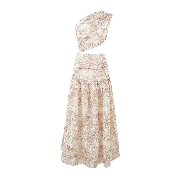 ONE-SHOULDER PINK EYELET EMBROIDERED DRESS