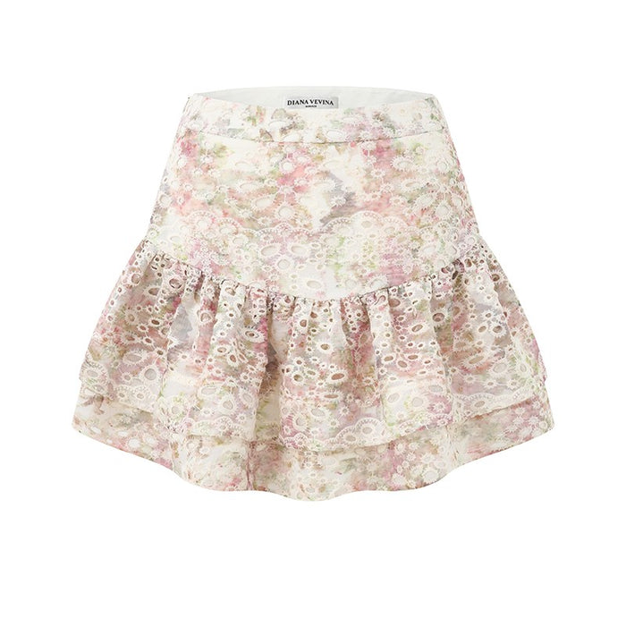 DOUBLE LAYER EMBROIDERED PRINT PUFF SKIRT