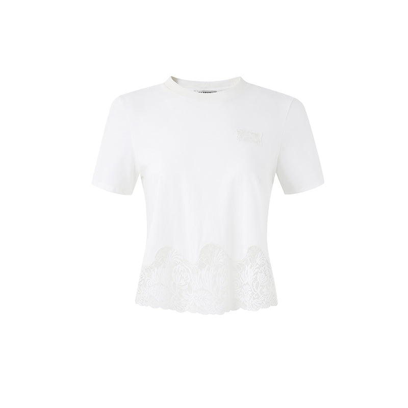 KNIT PATCHWORK LACE EMBROIDERED SHORT SLEEVE T-SHIRT