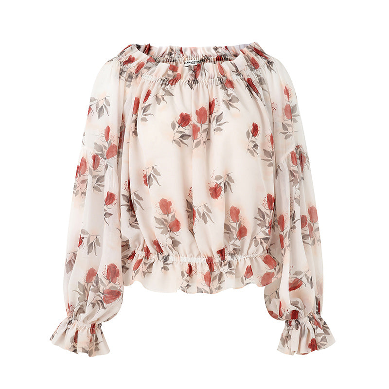 ROSE PRINT CHIFFON OFF-SHOULDER TOP