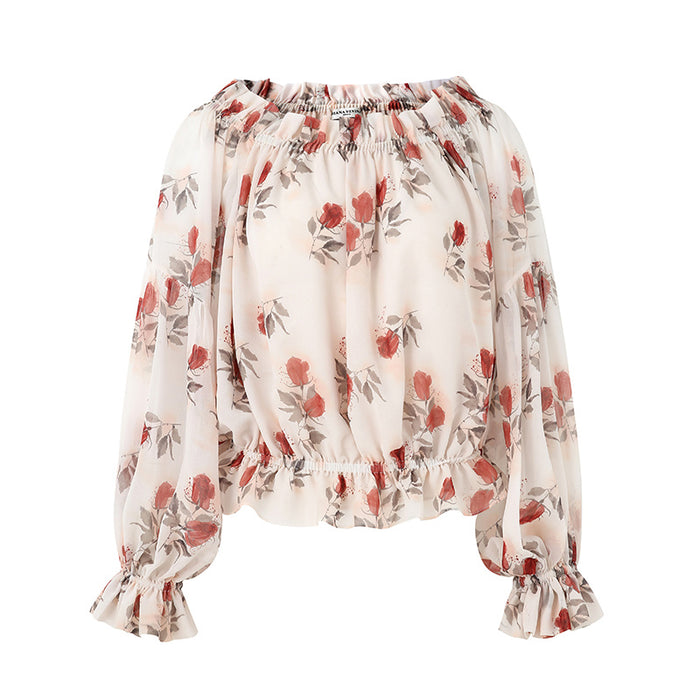ROSE PRINT CHIFFON OFF-SHOULDER TOP