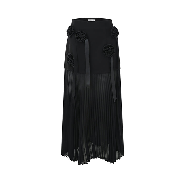 BLACK 3D FLORAL PLEATED MAXI SKIRT