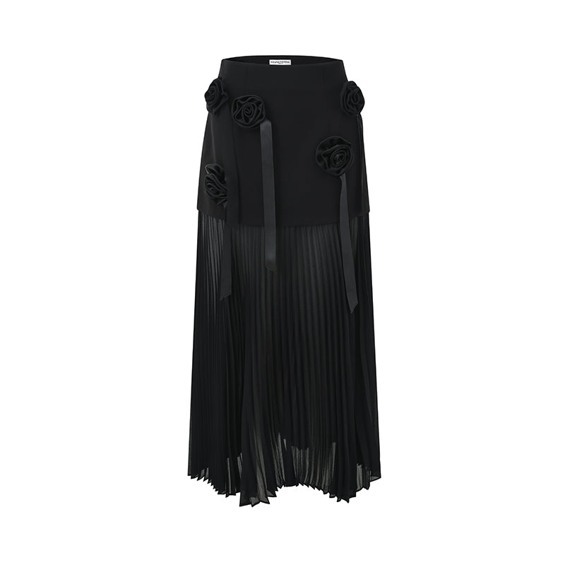 BLACK 3D FLORAL PLEATED MAXI SKIRT