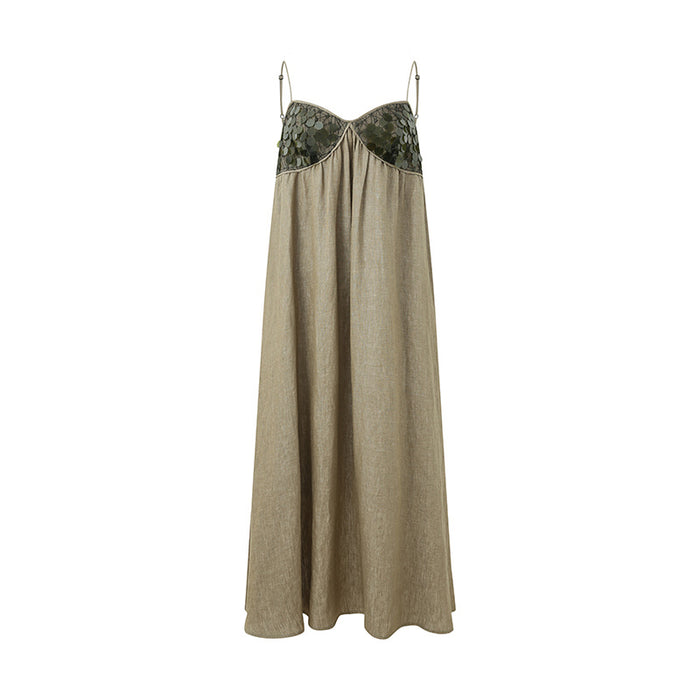 GREEN LINEN SEQUIN PANEL DRESS