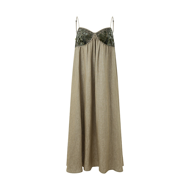 GREEN LINEN SEQUIN PANEL DRESS